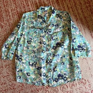 Kim Rogers Linen Button-Up in Aqua, Navy & Mint Green Floral